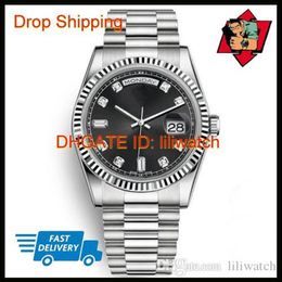 & New Men's Watch 40MM Black Watch Dress Dial Diamond Automatic Movement Silver President Party Rhinestone Wristwatch Cho2560