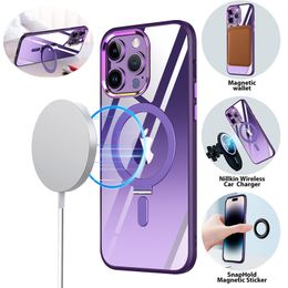 Clear Magnetic Wireless Charging Metal Stand Cases Military Drop Protection Shockproof Kicktand For iPhone 14 13 12 11 Pro Max