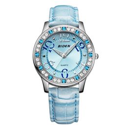 Woman Casual luminous watch waterproof Ladies sports watches Leather strap blue Rhinestone dial Relogio Dress Quartz wristwatch275A