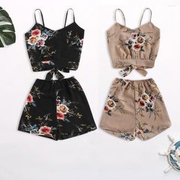 Women's Tracksuits Women Set Summer Vacation Suit Stripe Bandage Floral Print Crop Top Short Camisoles With Flower Shorts Sexy Beachwear