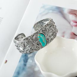 Bangle 1Pcs The Open Bracelet Retro Personality Men And Women Wild Thai Silver Blue Turquoise Butterfly Fashion Jewelry