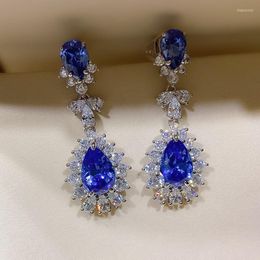 Stud Earrings Premium Tanzanian Sapphire 925 Sterling Silver Imported High Carbon Diamond Fashion Exaggerate St