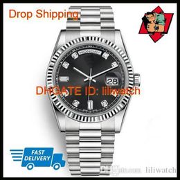& New Men's Watch 40MM Black Watch Dress Dial Diamond Automatic Movement Silver President Party Rhinestone Wristwatch Cho224N