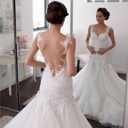 Abiti da sposa a sirena in pizzo alla moda senza maniche con scollo a barchetta Sweep Train Tull Applique Abiti da sposa Abito da sposa Custom Made