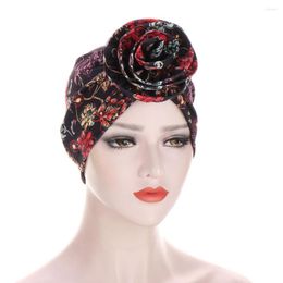 Ethnic Clothing 2022 Fashion Big Flower Turban Caps For Women Stretchy Print Headscarf Bonnet Muslim Hijab Hat Islamic Head Wraps Turbante