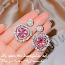 Stud Earrings Exquisite Pink Zircon Yellow Diamond Love Pearl Female 925 Stamp Bright Party Birthday Jewellery Gift