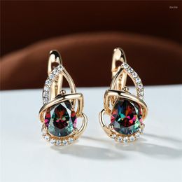 Hoop Earrings Cute Female Lotus Flower Earring Rainbow Crystal Water Drop Vintage Rose Gold Colour Wedding For Women