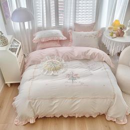Bedding Sets Pretty Flower Embroidered White Pink Duvet Cover With Ruffle Ultra Soft Breathable Washed Cotton Set BedSheet Pillowcase