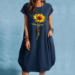 Casual Dresses Woman's Summer Linen Pocket Sleeve Print Dress Loose Women O-neck Rose For Knee Length