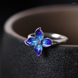 Cluster Rings Style Burnt Blue Ring Female Retro Fashion Ethnic Cloisonne Four-leaf Flower Opening Adjustment Jewellery Accessories