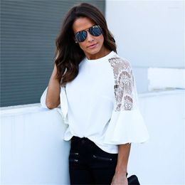 Women's Polos 2022Summer Women Patchwork Lace Solid Shirts Casual Loose White Blouses Tops Plus Size Baggy Blusas Femininas