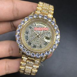 Popular Prong Set Men's Diamond Watch Size 43mm Gold Diamond Face Gold Stainless Steel Strap Watch Automatic Mechanical Wrist221F