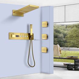 Deluxe brushed gold thermostatic shower set rain waterfall shower system body nozzle