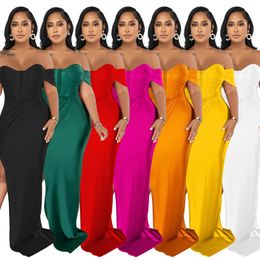 Off Shoulder Maxi Dress Women Sexy Wrap High Side Slit Body Shape Long Bodycon Vestidos for Party Evening Wear Ladies Gowns Clothes White Black