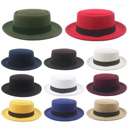 Berets Flat Top Fedoras Jazz Hats For Women Men Solid Colour Imitation Woollen Cap British Style Wide Brim Ladies Bowler Fedora