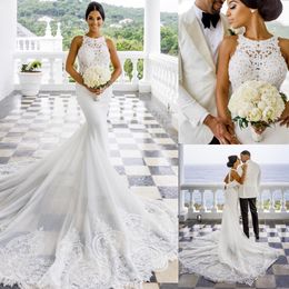 Fabulous Mermaid Lace Wedding Dresses Appliqued Bridal Gowns Sheer Jewel Neckline Sweep Train Tulle Plus Size Vestido De Novia
