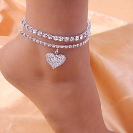 Anklets Fashion Tennis Anklet And Pendant Heart Set For Women Foot Iced Out Jewellery Barefoot Sandal Chain Crystal Wedding