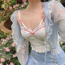 Women's Tanks Japanese Summer Soft Girl Lolita Vest Kawaii Floral Bow Sleeveless Sling T Shirt Vintage Elegant Pink Short Sweet Tank