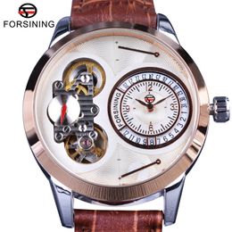 Forsining Fashion Second Dial Tourbillion Rose Golden Case Brown Genuine Leather Men Watches Top Brand Luxury Automatic Watch260A