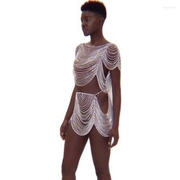 Work Dresses Luxury Fashion Rhinestone Bikini Body Chain 2 Piece Set Shiny Diamonds Hollow Out Tassel Crop Tank Top Glitter Crystal Skirt