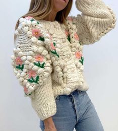 Women's Knits Boho Inspired Floral Knit Applique Cardigan Women Buttons Long Sleeve Sweater Coat Casual Autumn Winter Cardigans