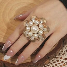 Elegant Pearl Adjustable Rings Women Wedding Jewelry Open Gold Color Flower White Crystal Rings Birthday Party New Year Gift