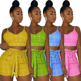 Women's Tracksuits Sexy Sleeveless Summer Two Piece Set Women Plaid Halter Crop Tops Drawstring Casual Fashion Shorts Gym Tracksuit Suit