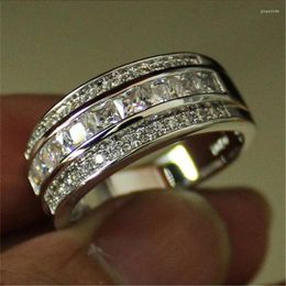 Cluster Rings Men's Deluxe 10K White Gold Princess-cut Garnet Crystal Gemstone Band Ring Wedding For Men Women Jewellery