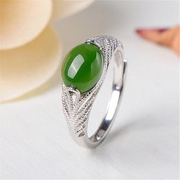 Wedding Rings Ethnic Style Imitated Hetian Jade Ring Inlaid Green Chalcedony Jewellery Opening Adjustable Innovative Accessories