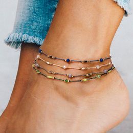 Anklets Huitan Design Adjustable Beads Wax Thread Anklet For Women Bohemian Coloured String Ankle Bracelet Girl Gift Beach Jewellery