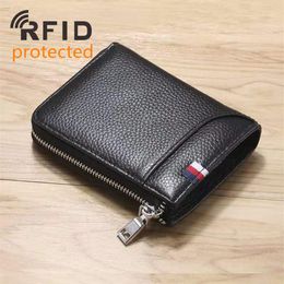 RFID Protected Genuine leather mens zipper designer wallets male fashion cow leather Coin zero card purses black coffee Colour no112893