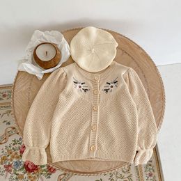 Ins Cute Winter Girl Clothing Cardigan Kids Regular sleeve Floral Embroidery Design Khaki Sweaters baby Clothes 100% cotton