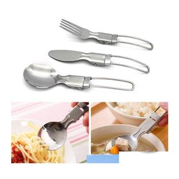 Spoons Lightweight Flatware Outdoor Stainless Steel Folding Fork Cutlery Portable Picnic Tableware Cam Foldable Knife Drop Delivery Otafy