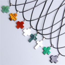 Pendant Necklaces Cross Shape Natural Stone Beads Necklace Couples Black Leather Rope Quartz Crystal Pendants Choker Women Men Jewellery