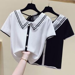Women's T Shirts Han Edition Loose Short Doll Brought Summer Wear White Collar V-neck Choli Female Cotton Small Unlined Upper Garment