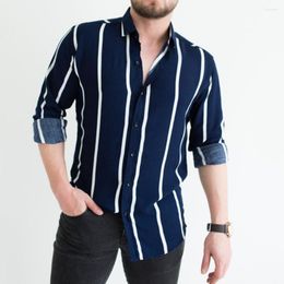 Men's T Shirts 2022 Shirt Striped Print Men Slim Turn-down Collar Top Long Sleeve Buttons Closure Business Male Clothing