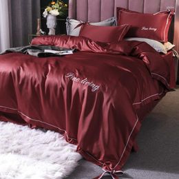 Bedding Sets WATER Washing Silk 4PCS Set Solid Color Wine Red DuvetCover Fitted Sheet Pillowcase Luxury Embroidered Butterfly