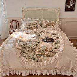 Bedding Sets Vintage Nordic Pastoral Artistic Cotton Ruffles 4Pcs Set Plant Pattern Quilt Cover Bed Skirt Linen Pillow Shams