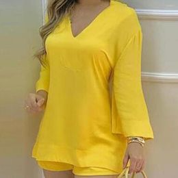 Women's Tracksuits Two Pieces Lady Summer Suit Plain Bell Sleeve V-Neck Long Casual Loose Top Shorts Set Solid Streetewear Sets