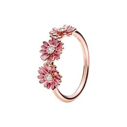 NEW Pink Daisy Flower Trio Ring 18K Rose Gold with Original Box for Pandora Authentic Sterling Silver Wedding Party Jewelry For Women Girlfriend Gift Rings