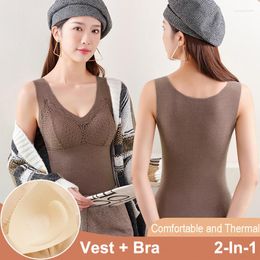 Women's Shapers Women 2-In-1 Lace Thermal Tank Tops V-neck Warm Camisole Winter Underwear Sleeveless Female Seamless Vest With Padded Bra