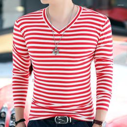 Men's T Shirts 2022 Autumn Winter Elastic Mens T-Shirt V-Neck Long Sleeve Men Shirt Male Pure Cotton T-Shirts Man Clothing Striped Tees F290