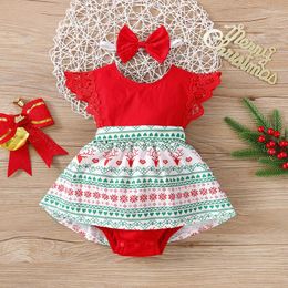 Girl Dresses Baby Girls Christmas Dress Set 2pcs Cartoon Printed Long Sleeve O-neck Short Romper Bow-knot Headband Toddler Infant 0-2 Years