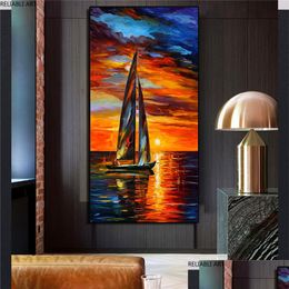 Paintings Modern Landscape Wall Decorations Canvas Painting For Living Room Boat Occean Sunset Red Sky Oil Nordic Home Decor Drop De Dhngo
