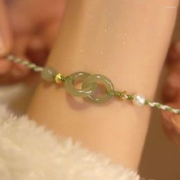 Strand Ethnic Style Green Anti-jade Resin Double Ring Pendant Braided Hand Rope Bracelet For Women Jewellery Gift