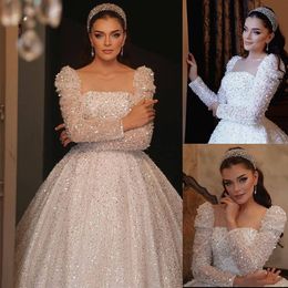 Abito da sposa con paillettes glitterate con perline, colletto quadrato, maniche lunghe con lacci, lunghezza del pavimento, abiti da sposa taglie forti su misura