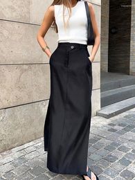 Skirts Taruxy Black Skirt Women Autumn Streetwear High Waisted Pencil Long Dress Femme Casual Split Vintage Silk 2022