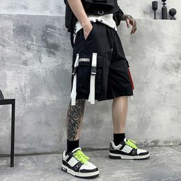 Men's Shorts 2021 Ribbons Patchwork Hip Hop Cargo Shorts Men Vintage Casual Techwear Short Pants Multi-Pockets Bermudas G221214