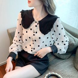 Women's Blouses Large Lapel Shirt Women Ruffled Polka Dot Black White Chiffon Fashion Stylish 2022 Spring Cute Long Sleeve Blusa Feminina