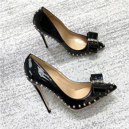 Autumn New Bowknot Spiked High Heels Shoes Women Red Bottom 12cm Stiletto Pointed Shallow Mouth Rivet Shoes Patent Leather Pumps Lady Party Shoe